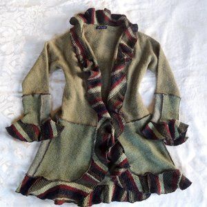 Flare By Faith Jennings Green Wool Lagenlook Ruffle Cardigan M